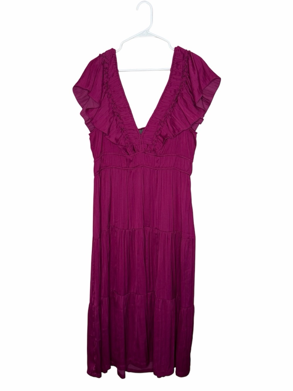 Anthropologie Ruffle Tiered Midi Dress Size XL Raspberry Flutter Sleeve Satin - Picture 5 of 13